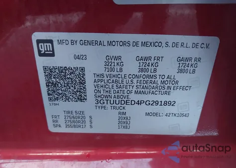 2023 GMC Sierra 1500 4Wd Short Box Slt z USA, uszkodzony, nr VIN 3GTUUDED4PG291892